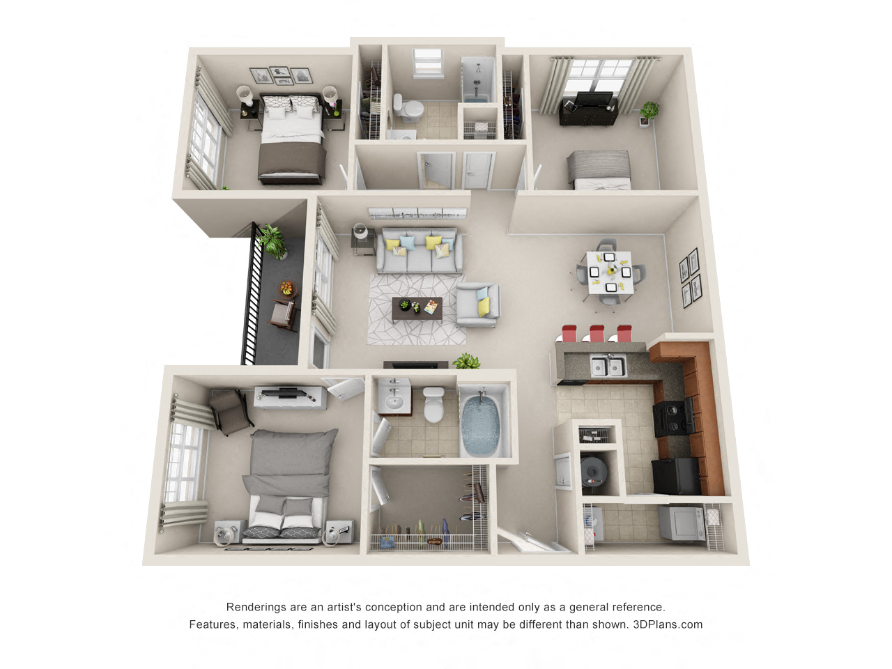 Floor plan for 3 beds, 2 baths, 1250 sqft